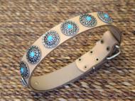 Tan Leather Dog Collar with Silver Plated Circles Blue Stones-Dog Supplies