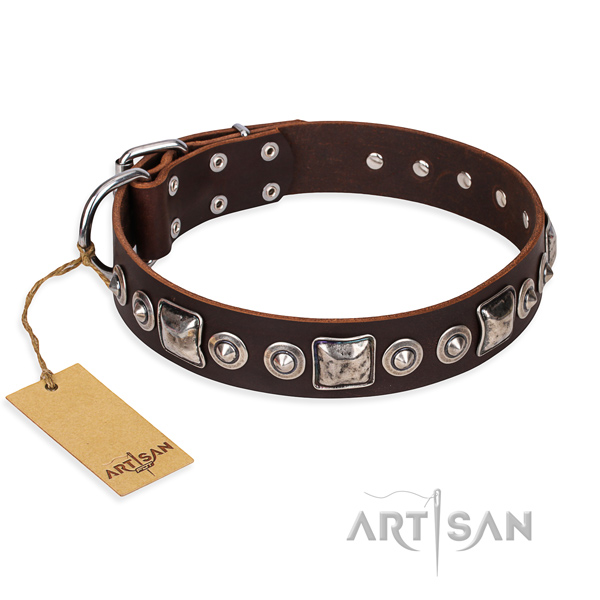 Natural genuine leather dog collar made of reliable material with strong fittings