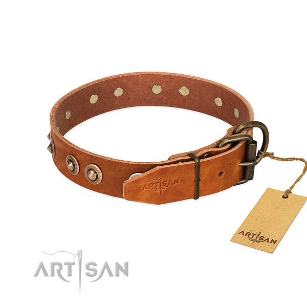 Rust resistant D-ring on genuine leather dog collar for your four-legged friend