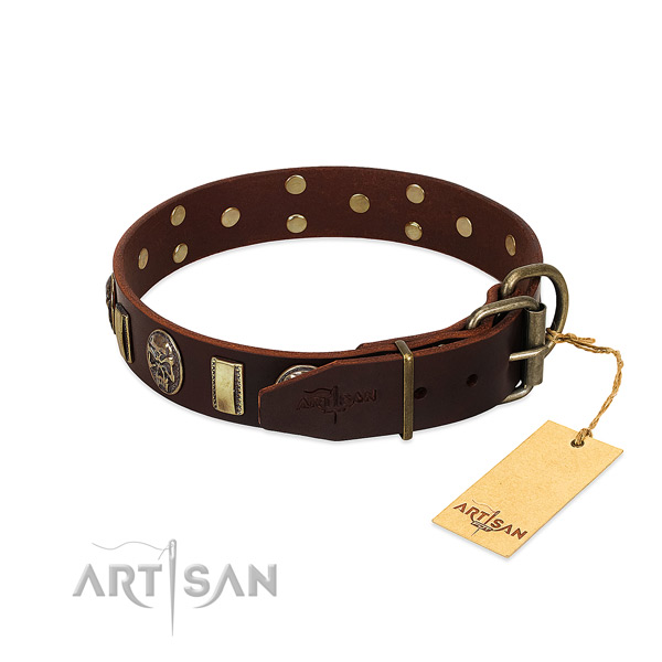Leather dog collar with corrosion resistant hardware and decorations