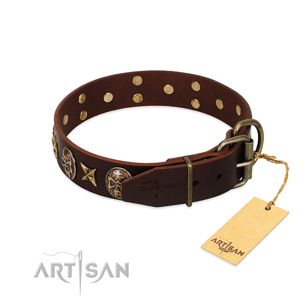 Full grain genuine leather dog collar with durable fittings and embellishments