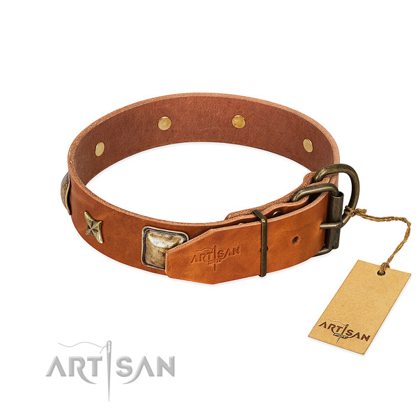 Full grain genuine leather dog collar with durable D-ring and studs