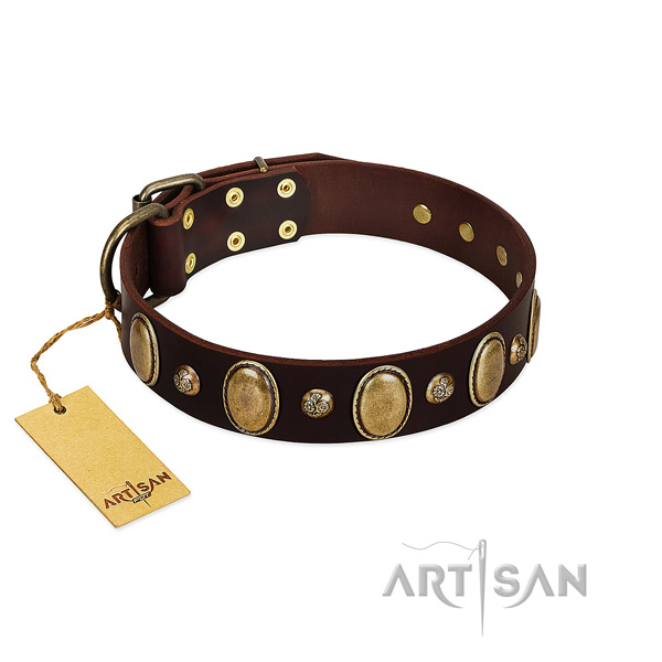 Full grain genuine leather dog collar of soft to touch material with inimitable studs