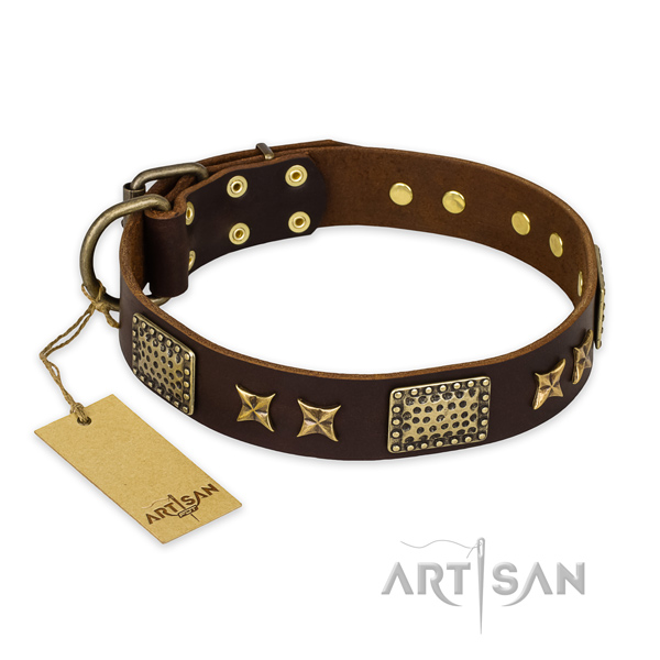 Easy adjustable full grain natural leather dog collar with corrosion resistant fittings