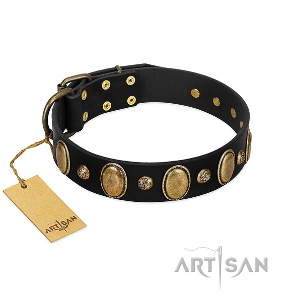 Full grain genuine leather dog collar of high quality material with trendy embellishments