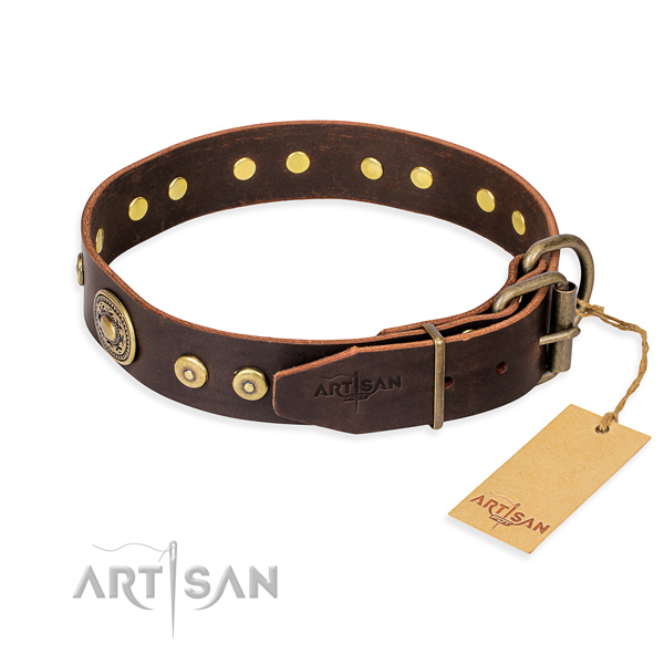 Full grain leather dog collar made of quality material with corrosion proof embellishments