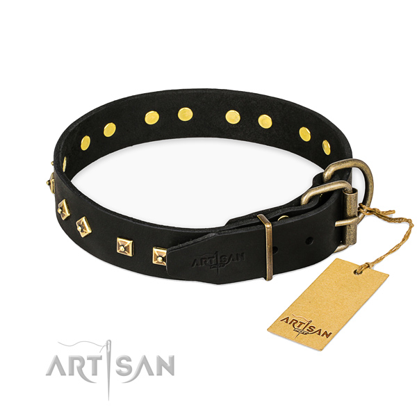 Strong hardware on genuine leather collar for walking your canine