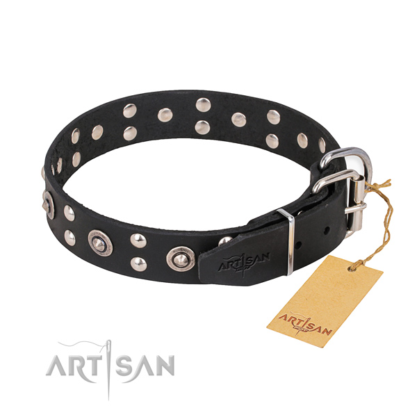 Genuine leather dog collar with stylish corrosion resistant adornments