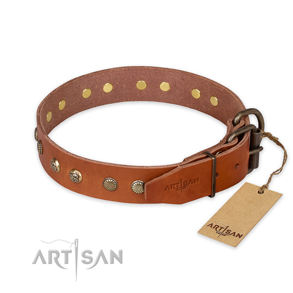 Durable traditional buckle on full grain natural leather collar for your handsome four-legged friend