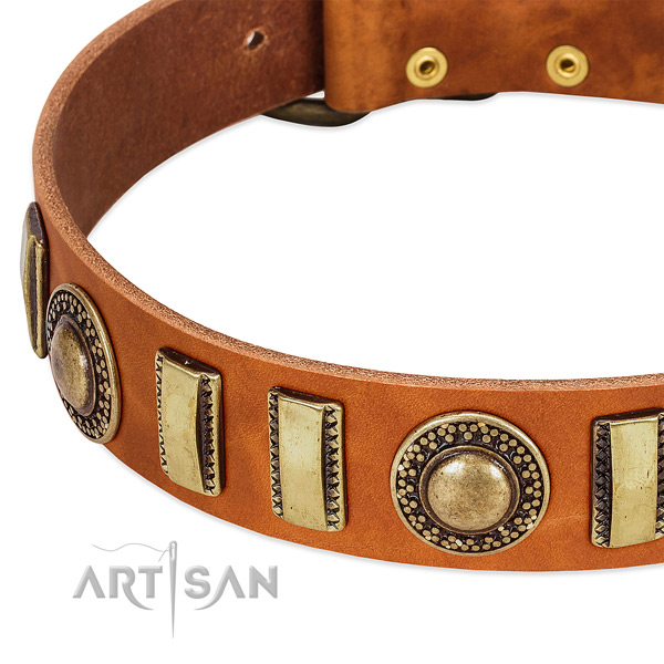 Soft natural leather dog collar with strong hardware
