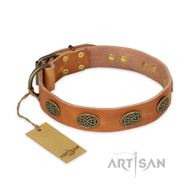 Exquisite natural genuine leather dog collar with corrosion resistant fittings
