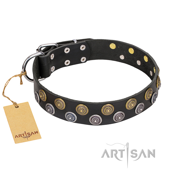 Comfortable wearing dog collar of reliable full grain genuine leather with embellishments