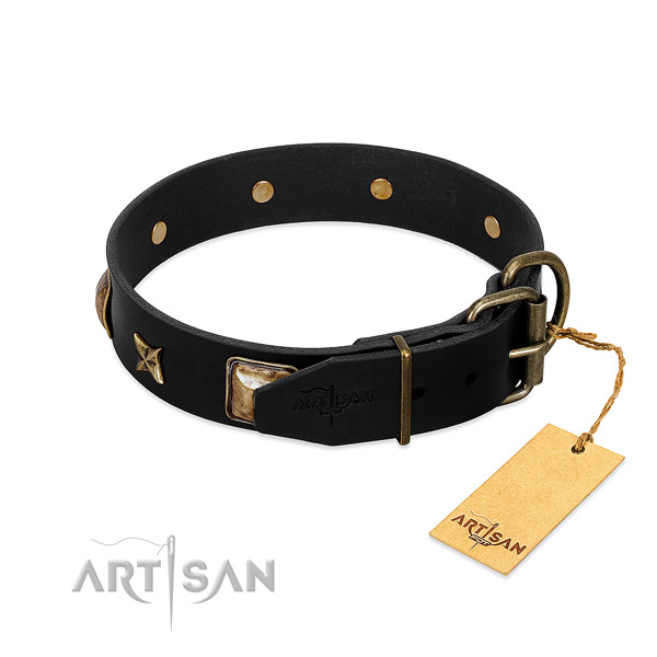 Corrosion resistant D-ring on full grain genuine leather collar for walking your four-legged friend